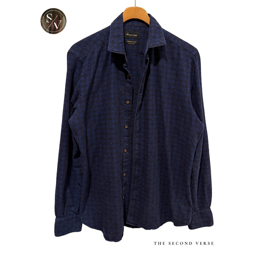 Massimo Dutti Mens Navy Black Navy Check Embroidered Tessuto Italiano Shirt L